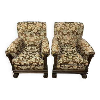 Pair of Renaissance style armchairs (Italy) in solid wood and fabric circa 1850