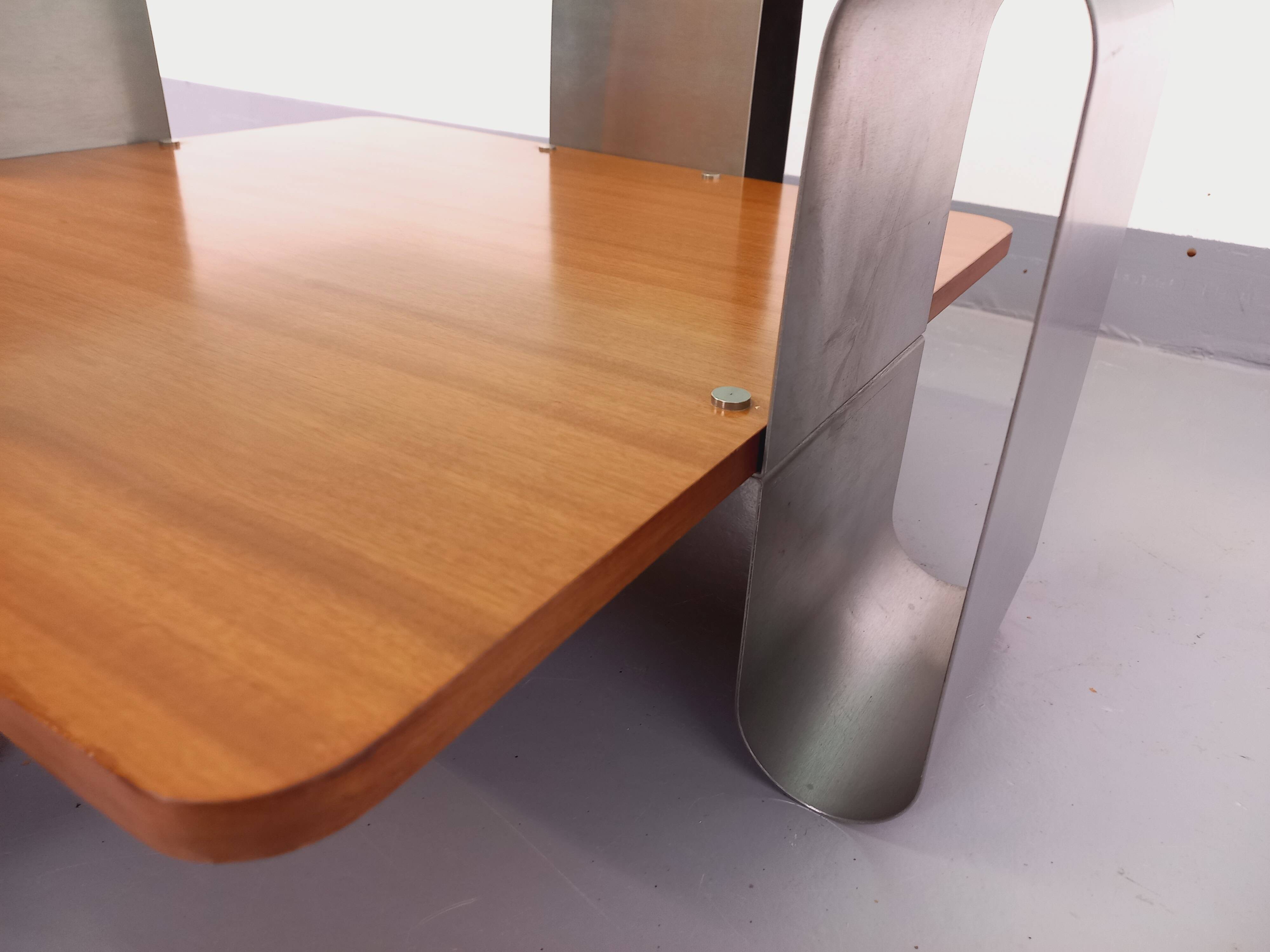 Square coffee table with 2 trays, vintage Space Age style from the 70s, in bluish smoked glass, teak