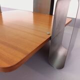 Square coffee table with 2 trays, vintage Space Age style from the 70s, in bluish smoked glass, teak
