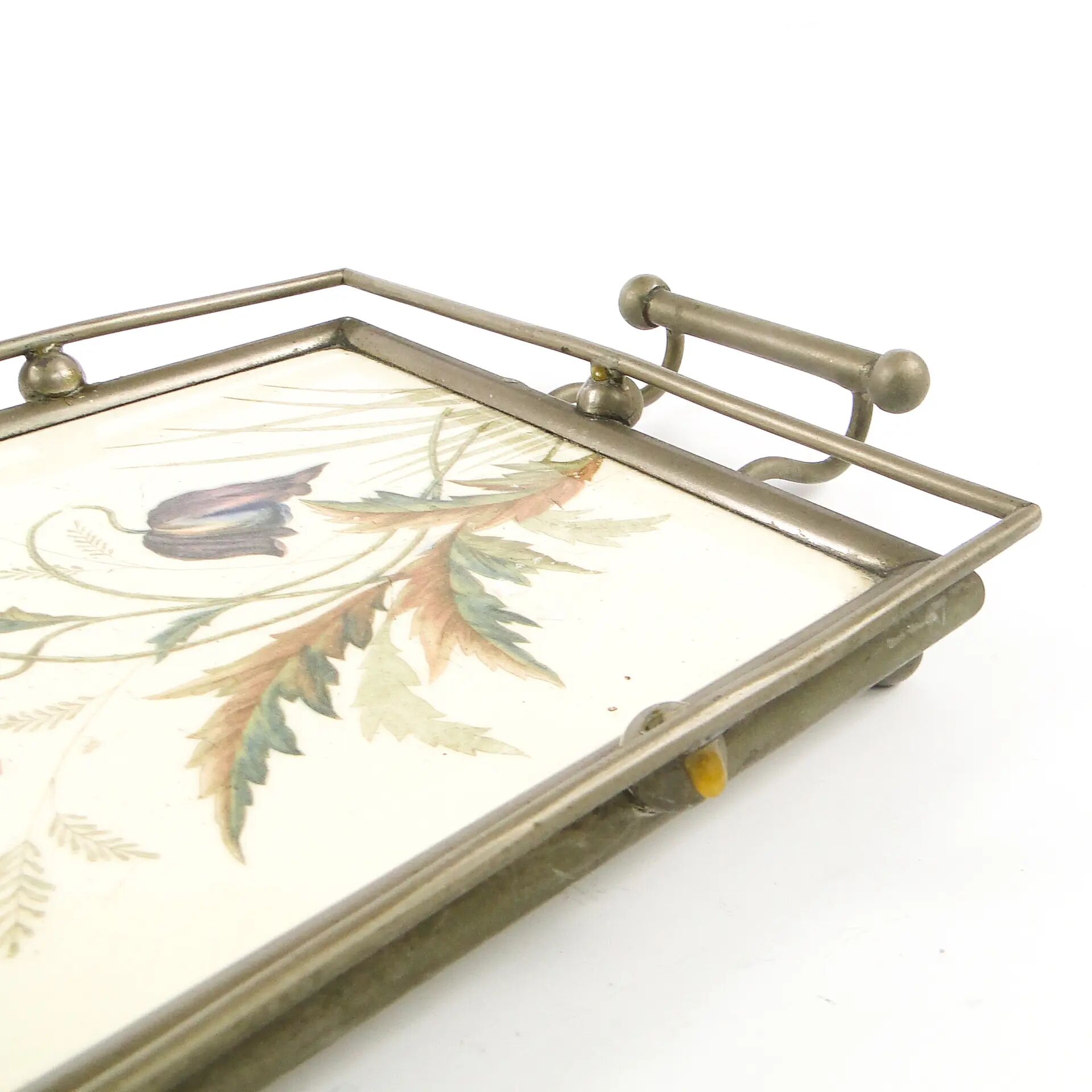 Art Nouveau tray, silver-plated brass, white porcelain, Austria, early 20th century