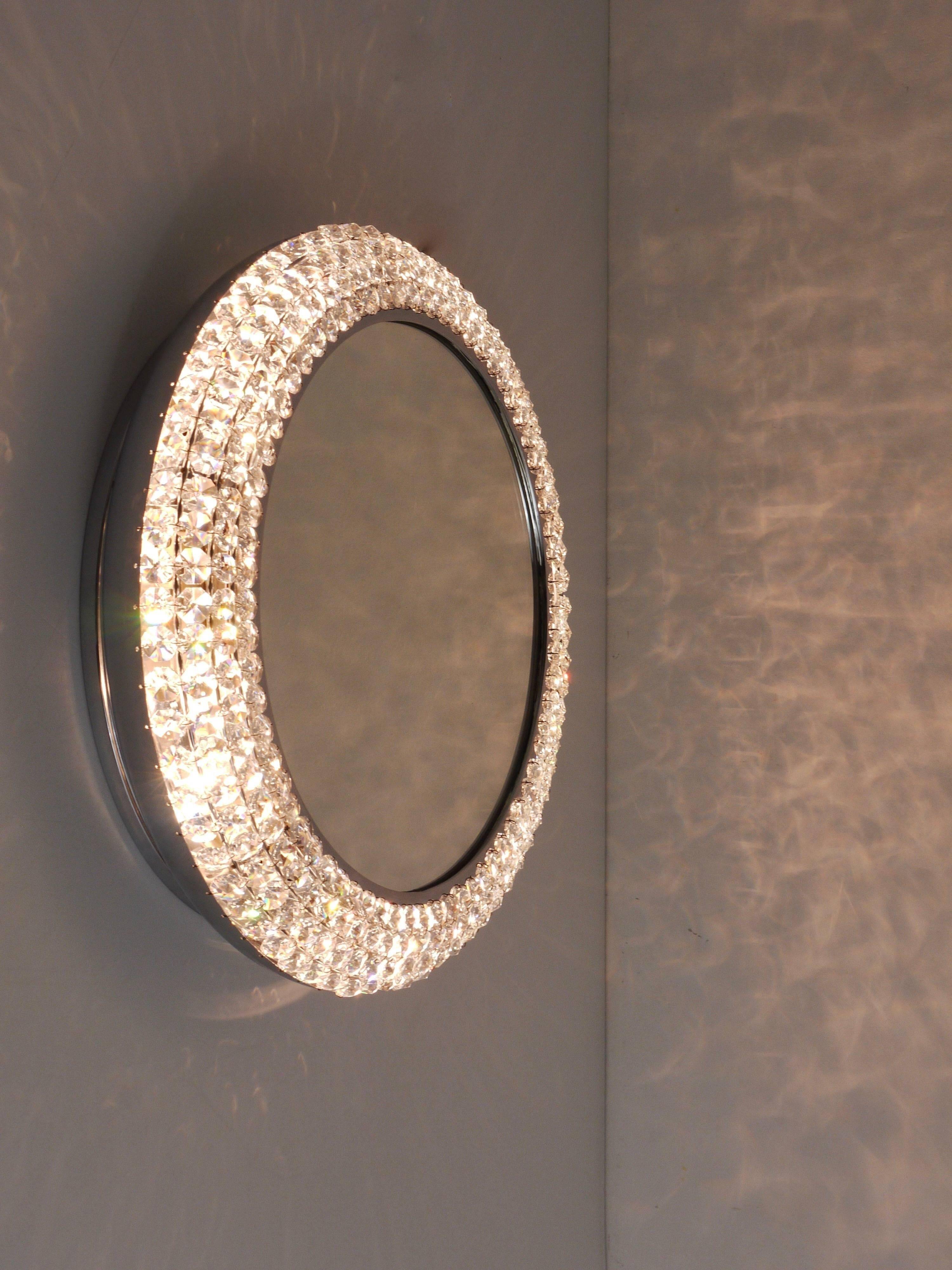 Round Wall Mirror in Bakalowits Style with Faceted Crystal & Chrome Lighting, 1960s