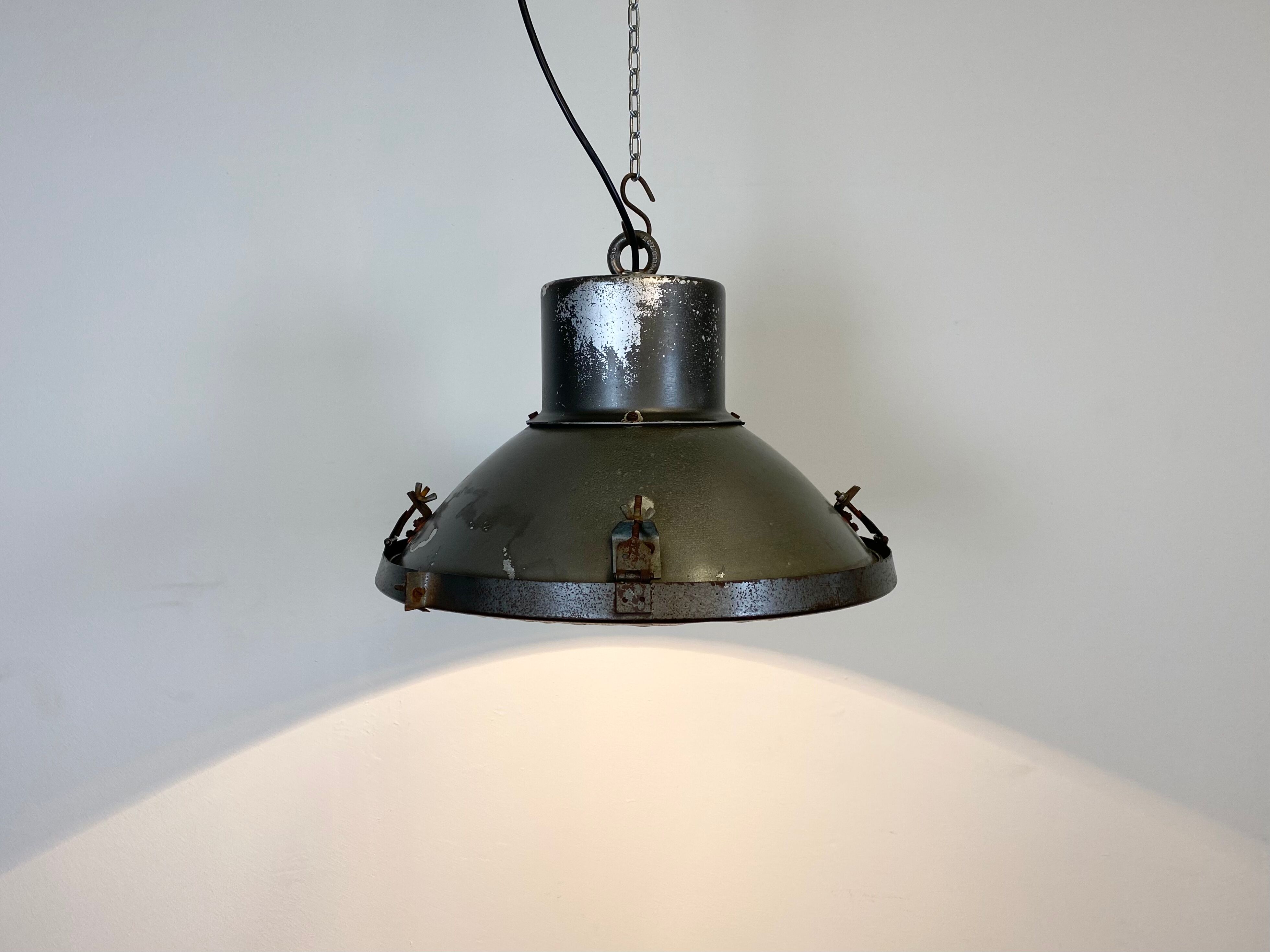 Industrial aluminium factory lamp with glass cover, 1960s