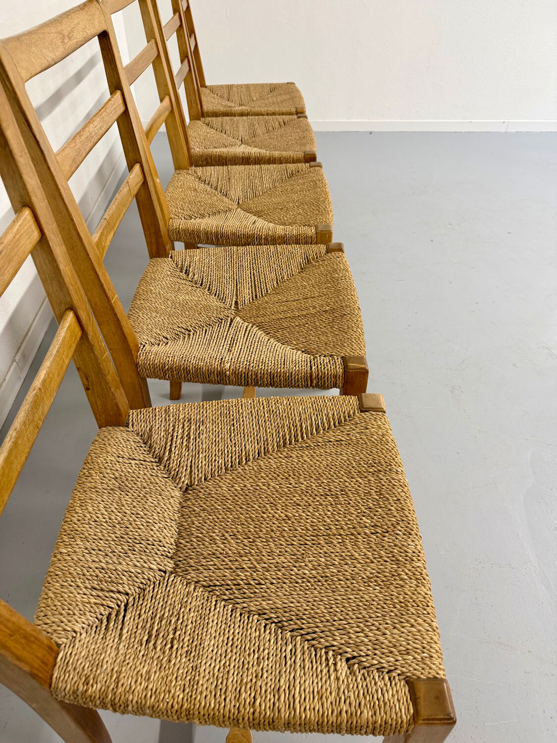 Set of 5 wooden chairs with rope seats, Scandinavian design, 1970s