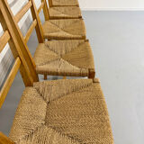 Set of 5 wooden chairs with rope seats, Scandinavian design, 1970s