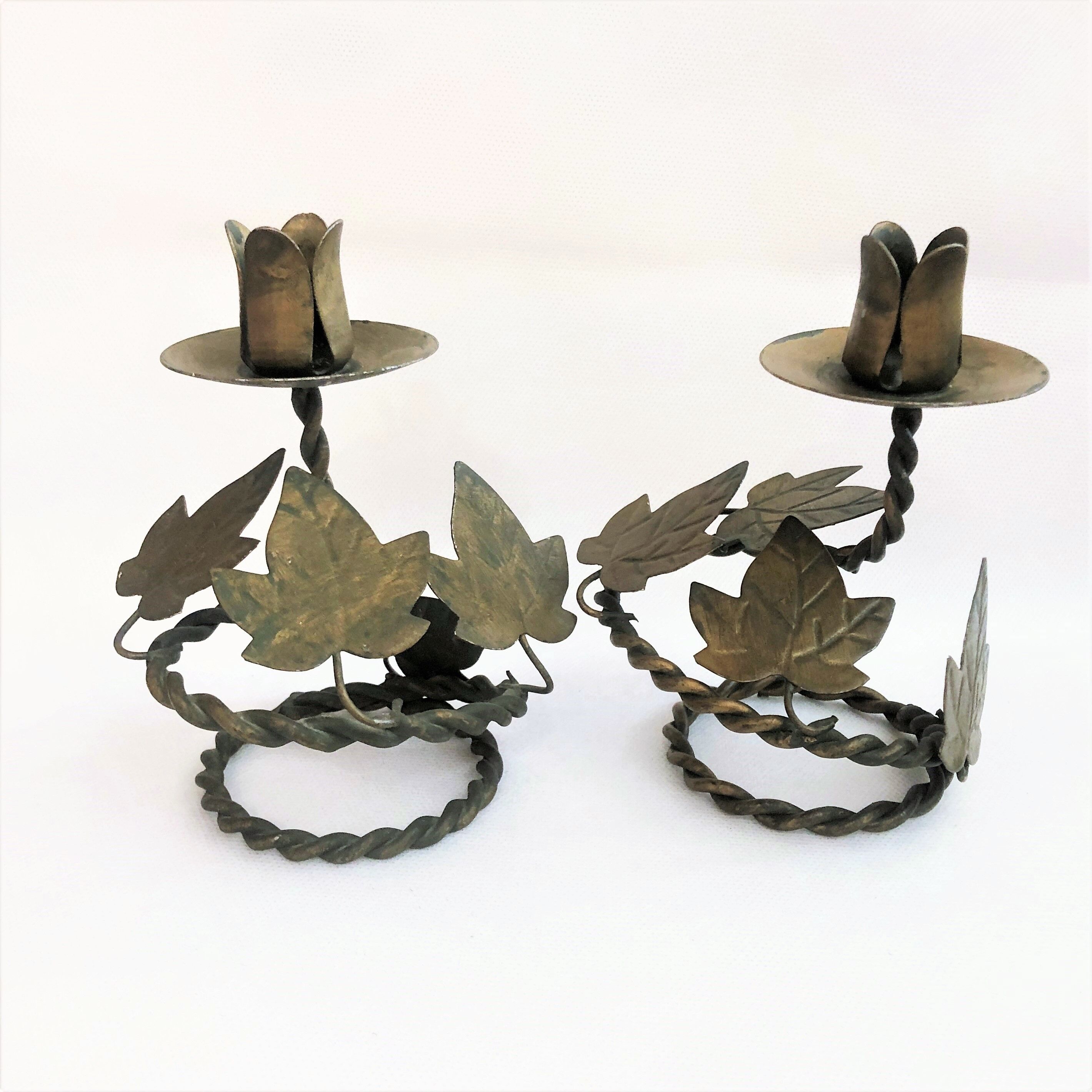 Pair of handcrafted wrought iron candlesticks vintage foliage