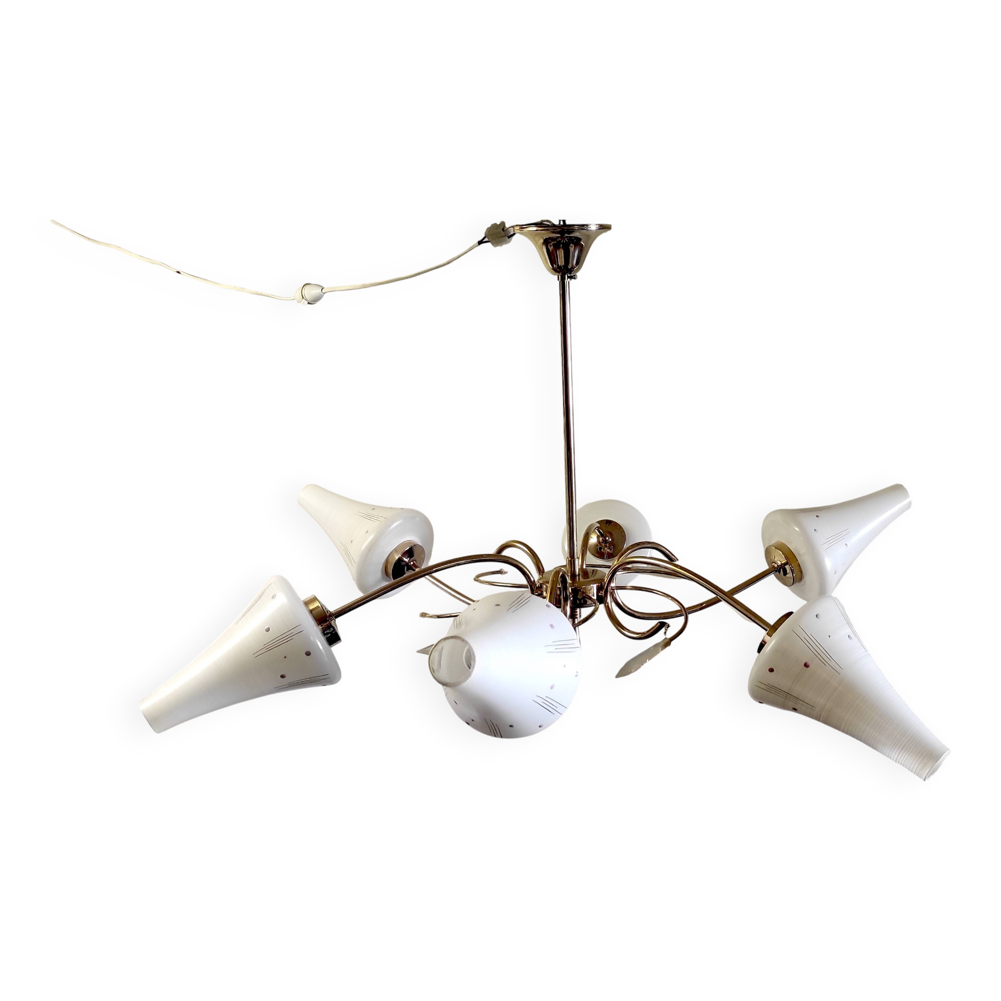 Lustre 6 feux moderniste en laiton doré - années 50/60