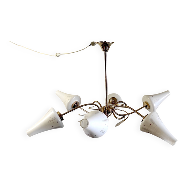 Lustre 6 feux moderniste en laiton doré - années 50/60 — Beyit