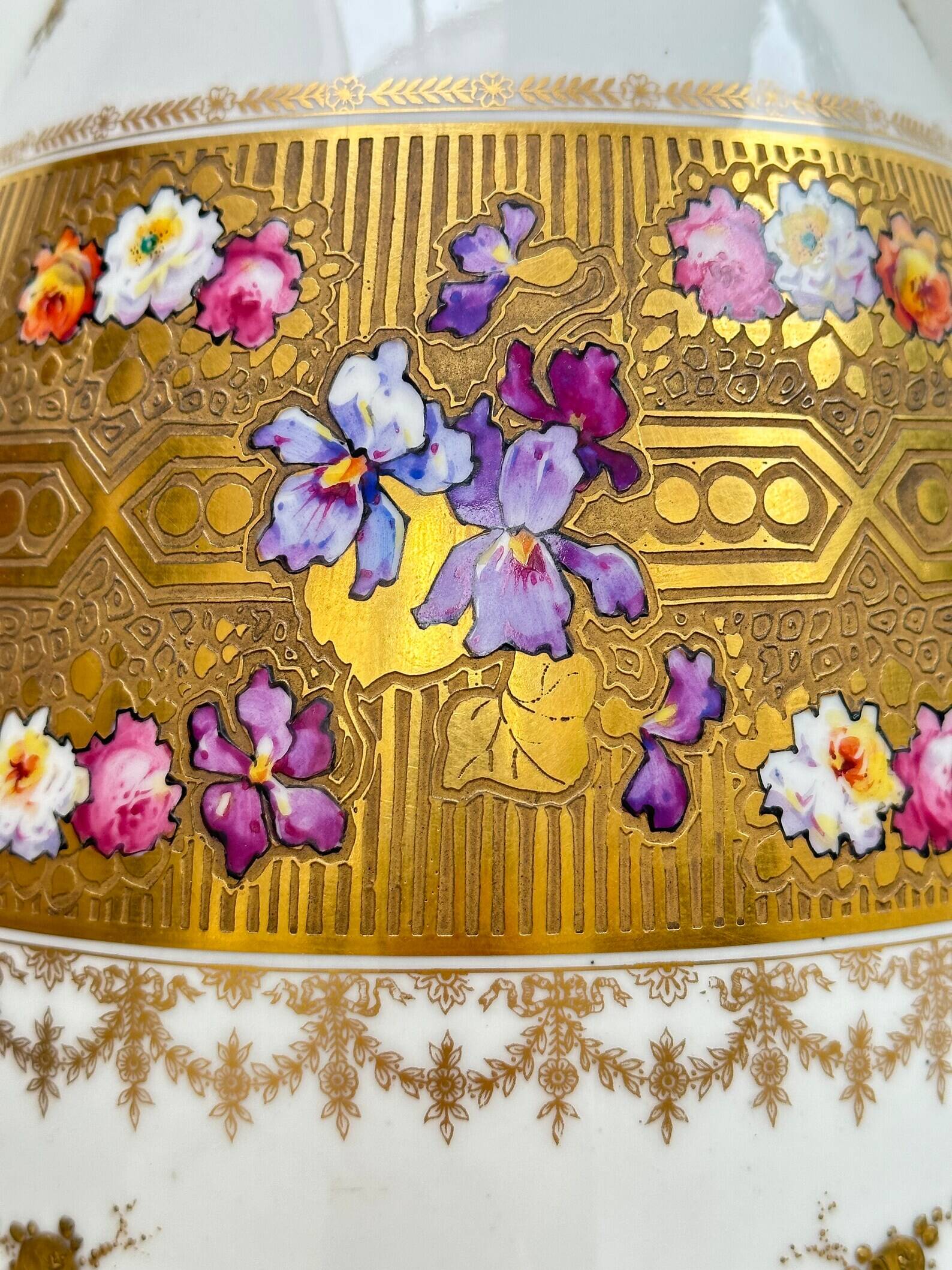 Very large limoges porcelain vase bernardaud white and iris gold