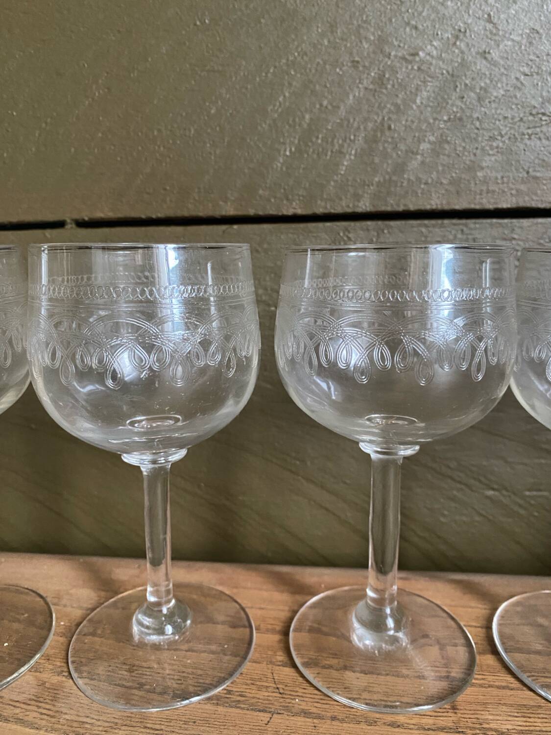 Set of 7 old etched glass stemware