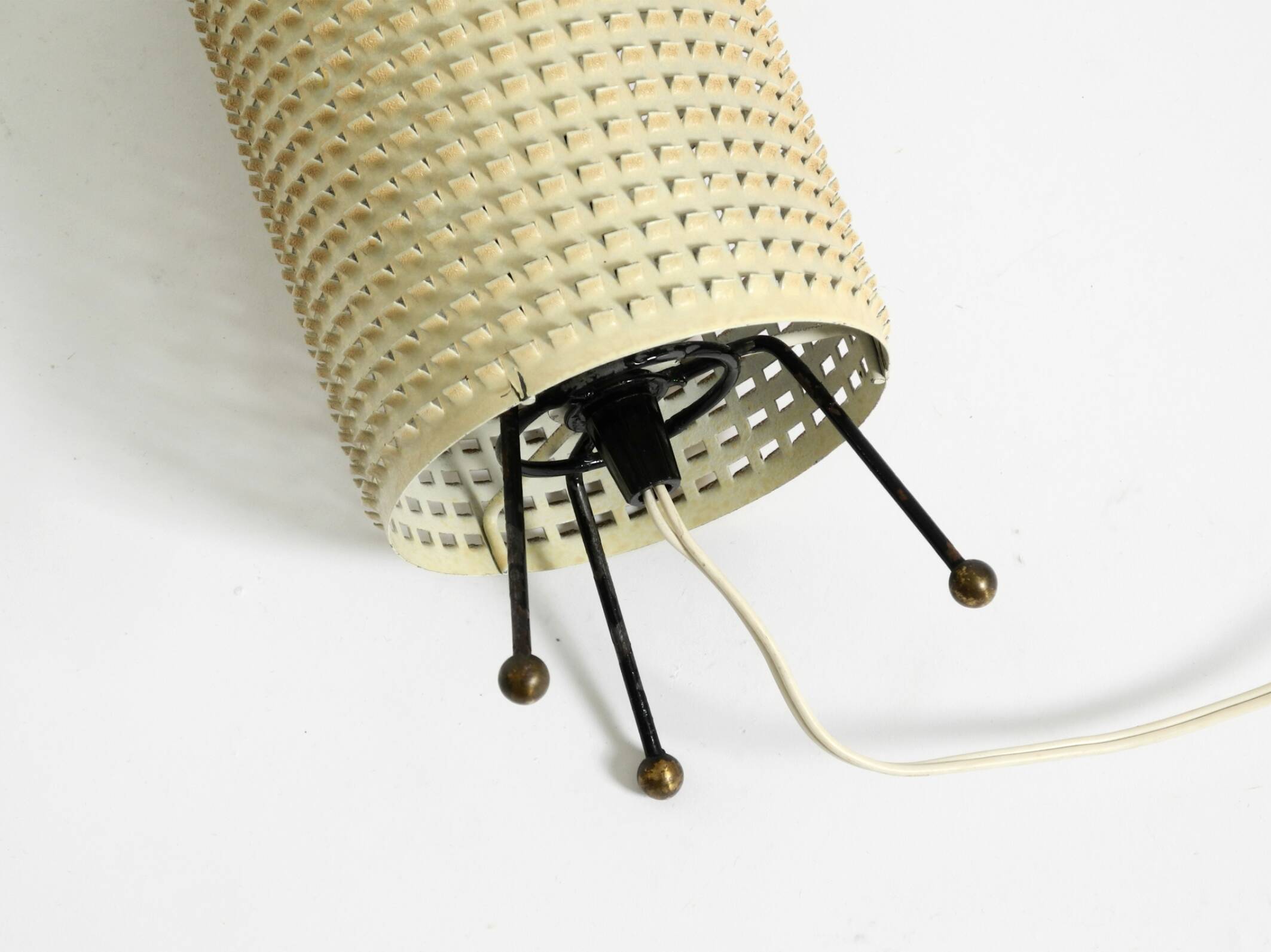 Original 1950s brass tripod table lamp with a perforated metal lampshade