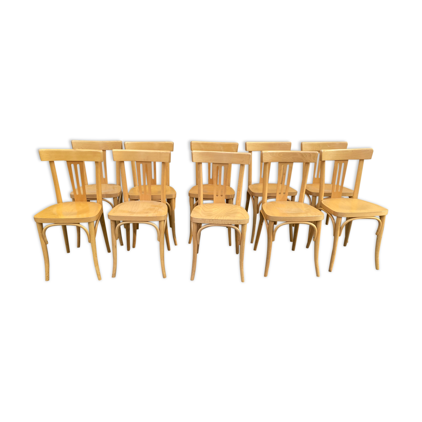 Set of 10 bistro chairs in light beech.