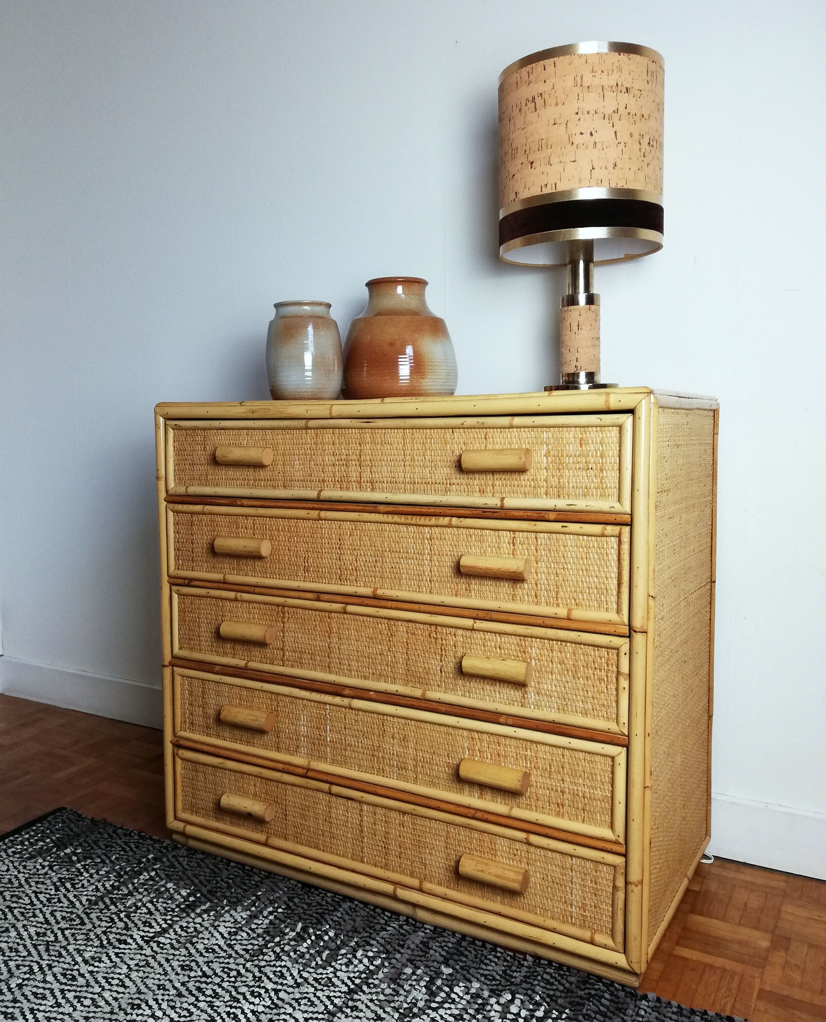 Rattan chest of drawers and woven wicker