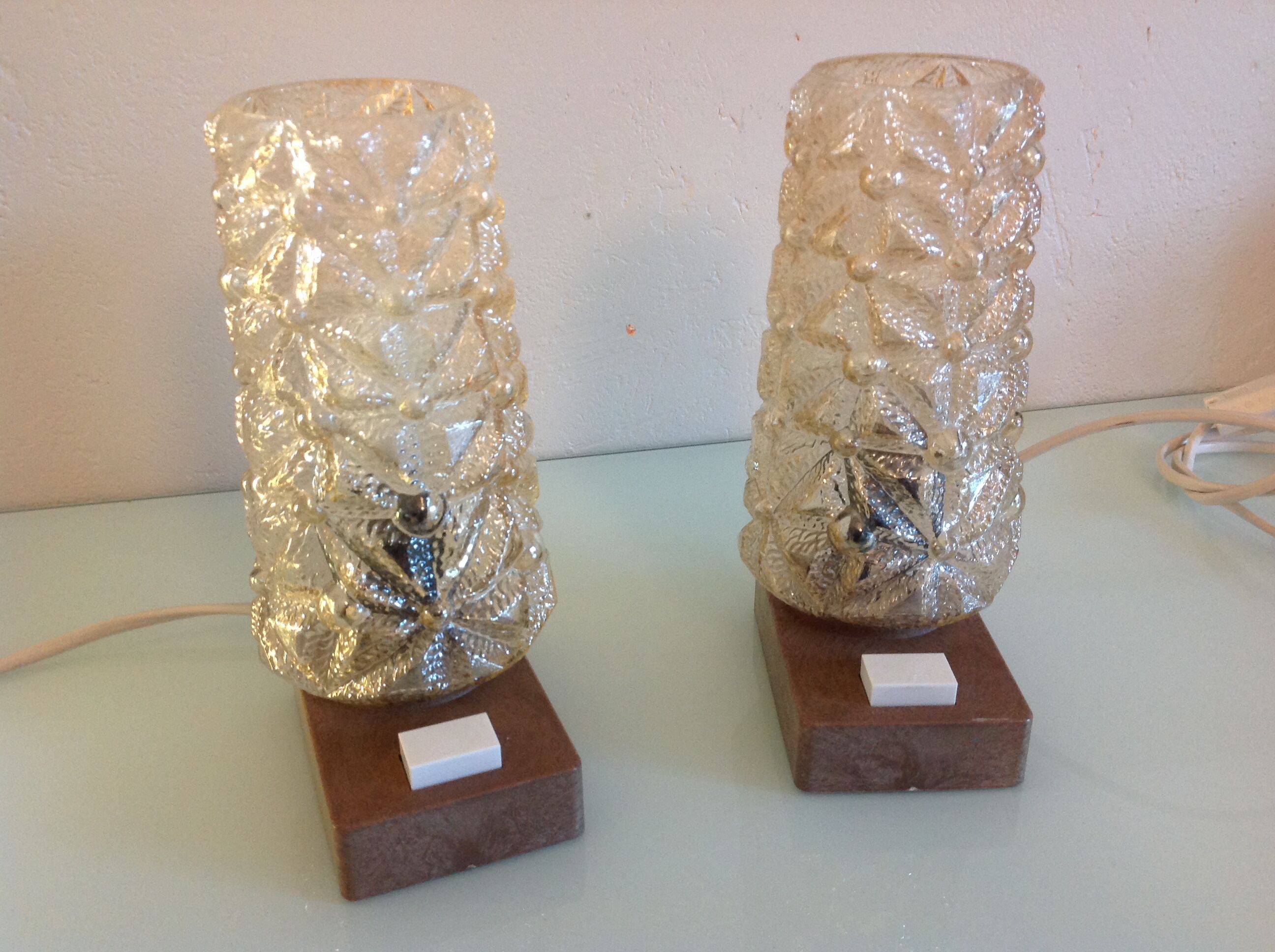 Pair of vintage bedside lamps in conical smoked glass