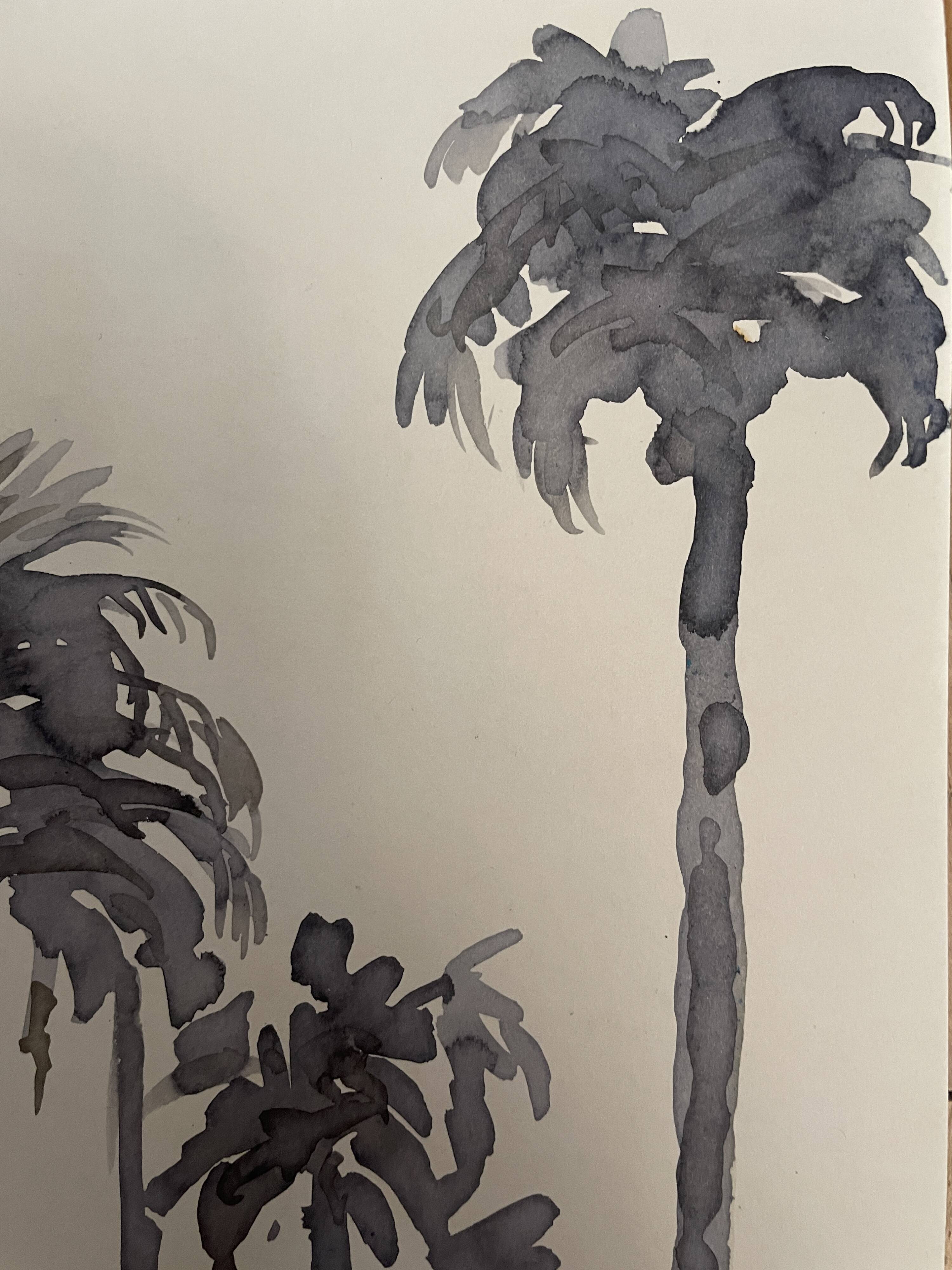 Signed monochrome watercolor painting “sunset over the palm trees”