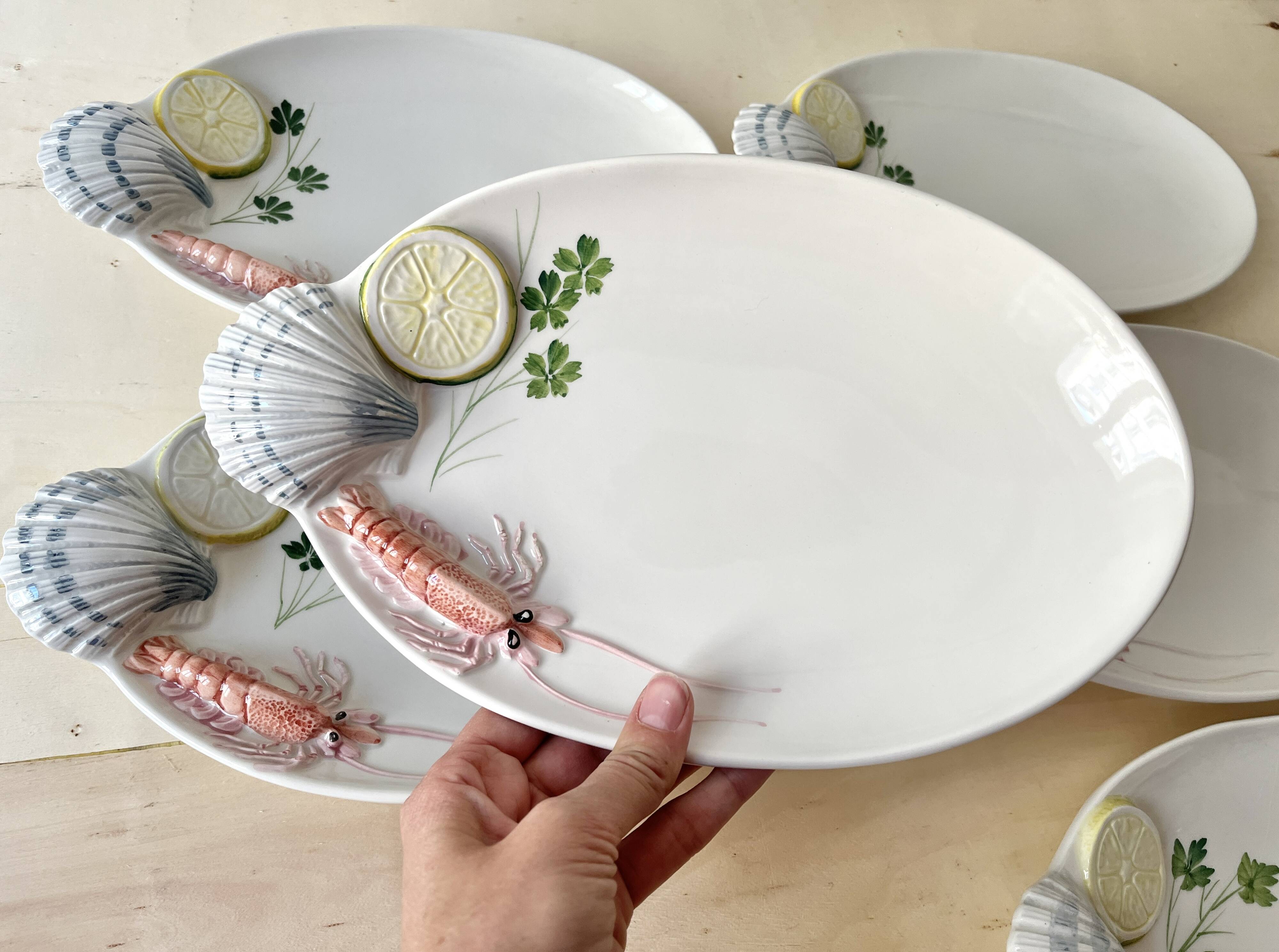Vintage Italian majolica plates, seafood plates.