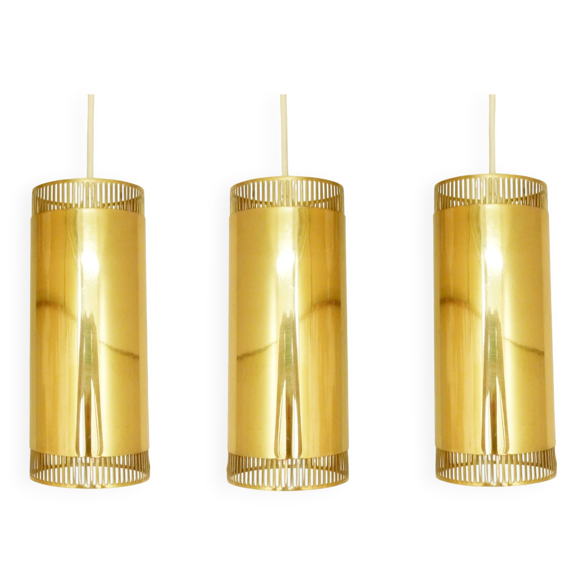 Set of 3 perforated brass cylindrical pendant lamps, Sweden 1960's
