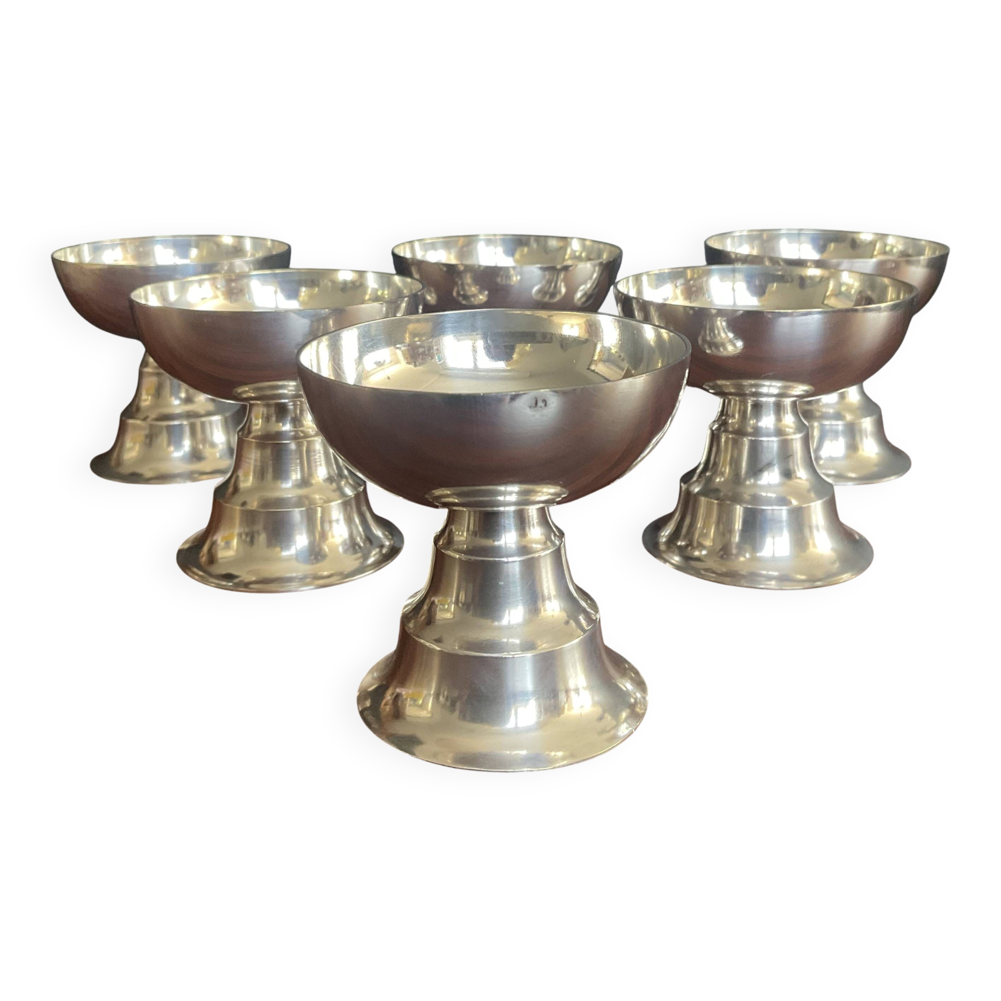 Série 6 coupes à glace vintage en métal argenté et poinçonnées