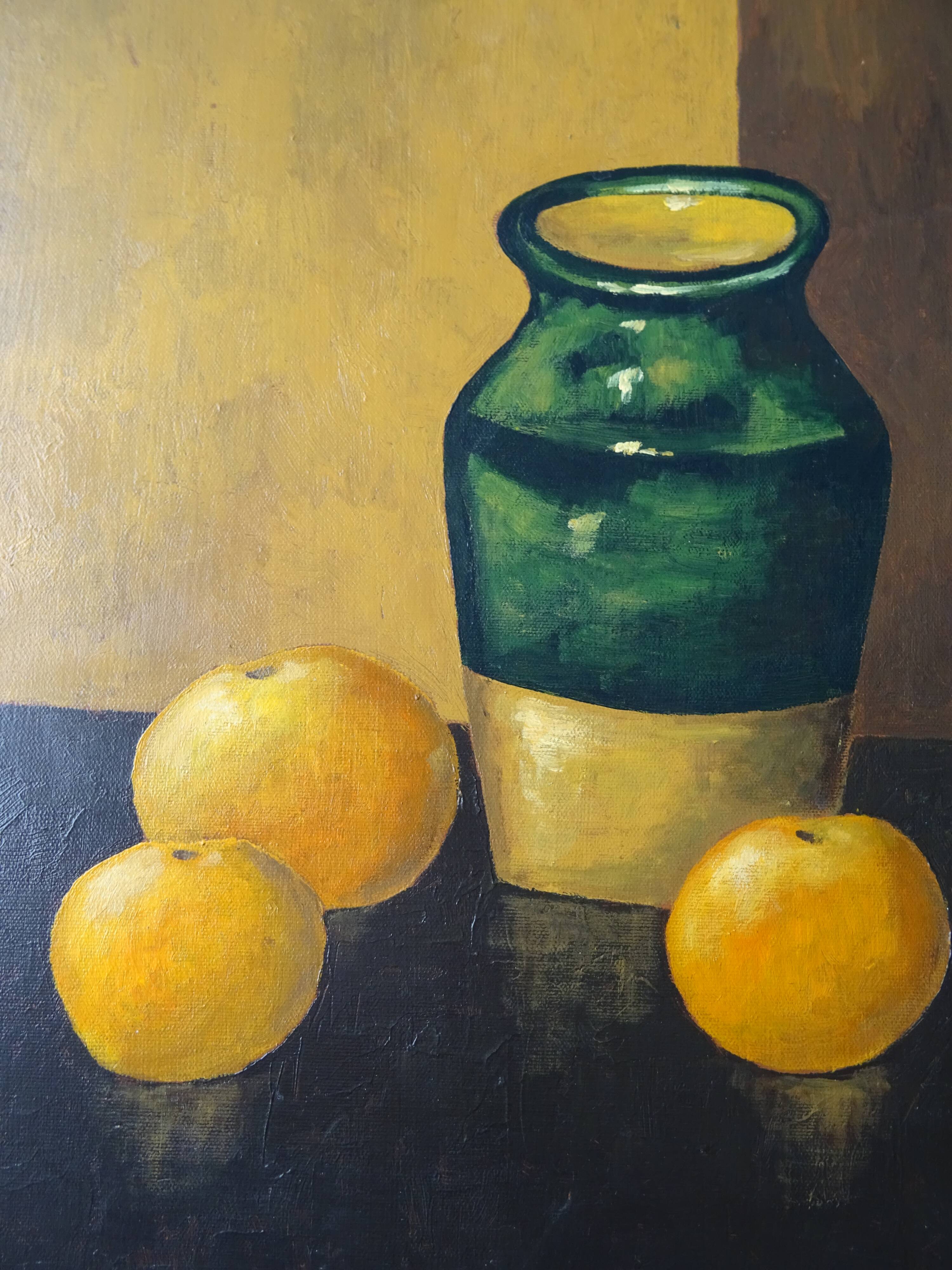 Still life painting with oranges and vase signed oil on canvas