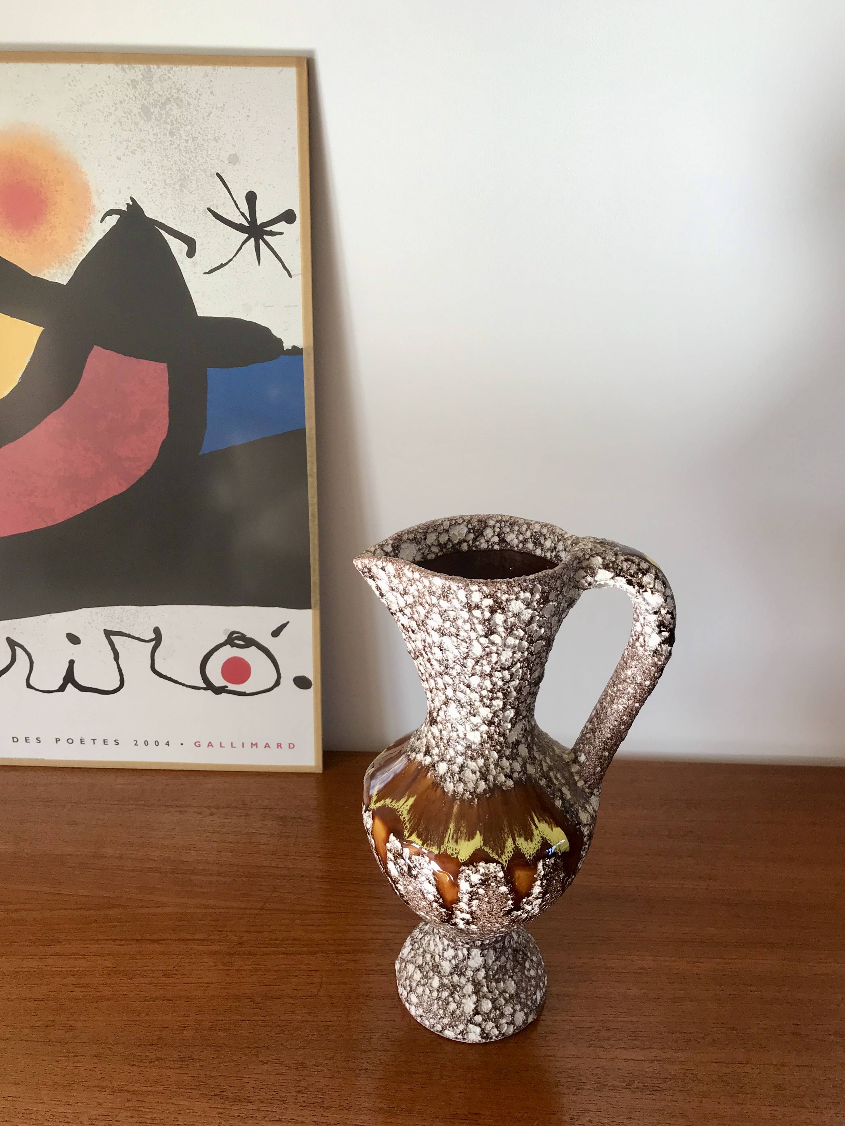 Large Vallauris Fat Lava brown and yellow ceramic pitcher from the 70s