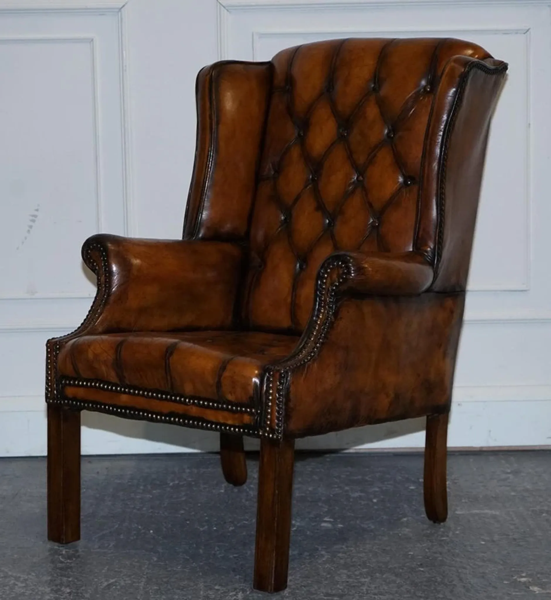 Chesterfield Wingback Armchair Set in Hand-Dyed Brown Leather, 1960s