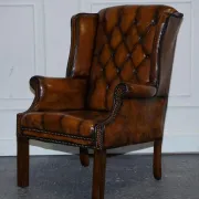 Chesterfield Wingback Armchair Set in Hand-Dyed Brown Leather, 1960s