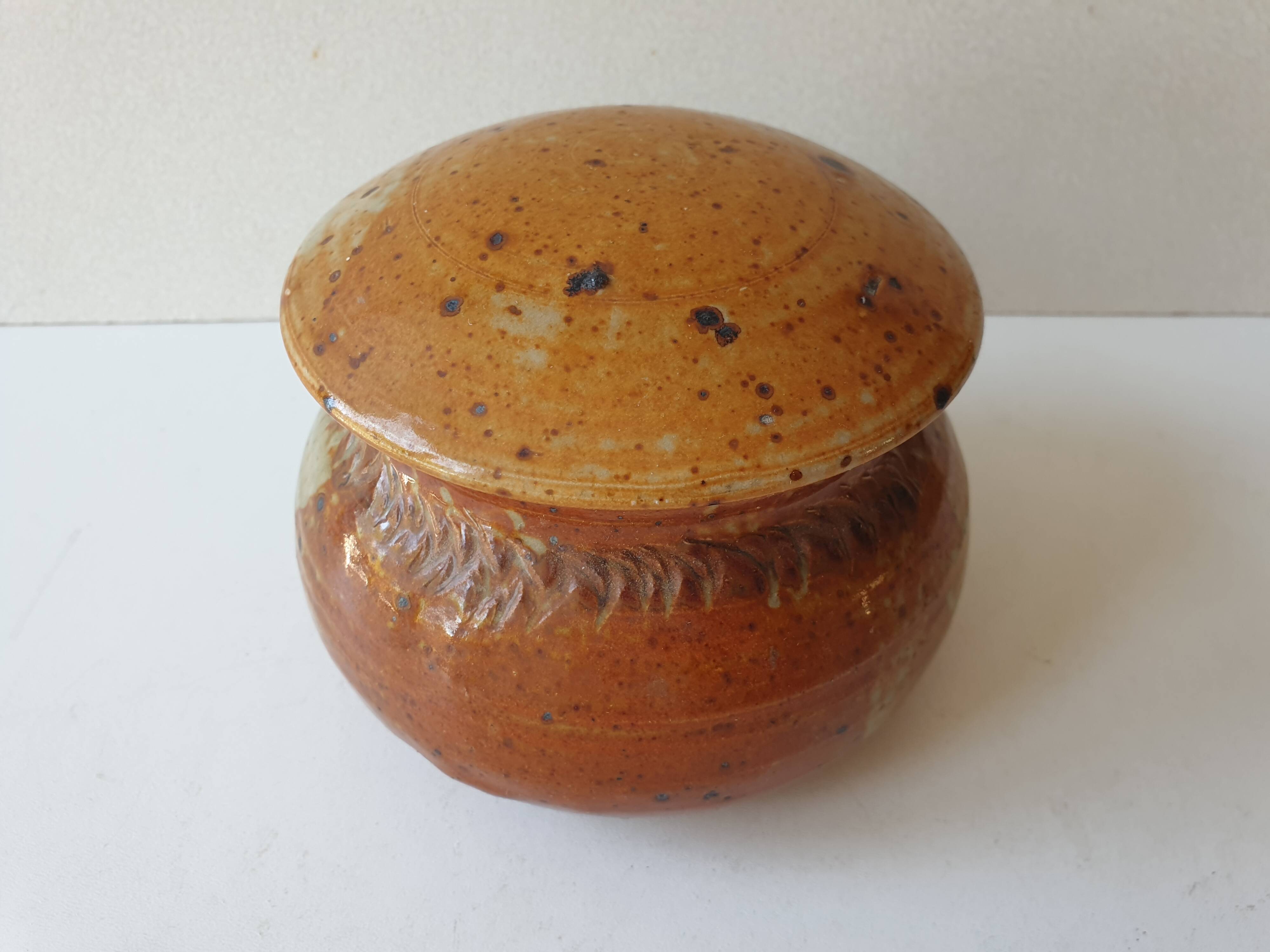 Pyrite stoneware ceramic candy box signed A (Signature to be identified)