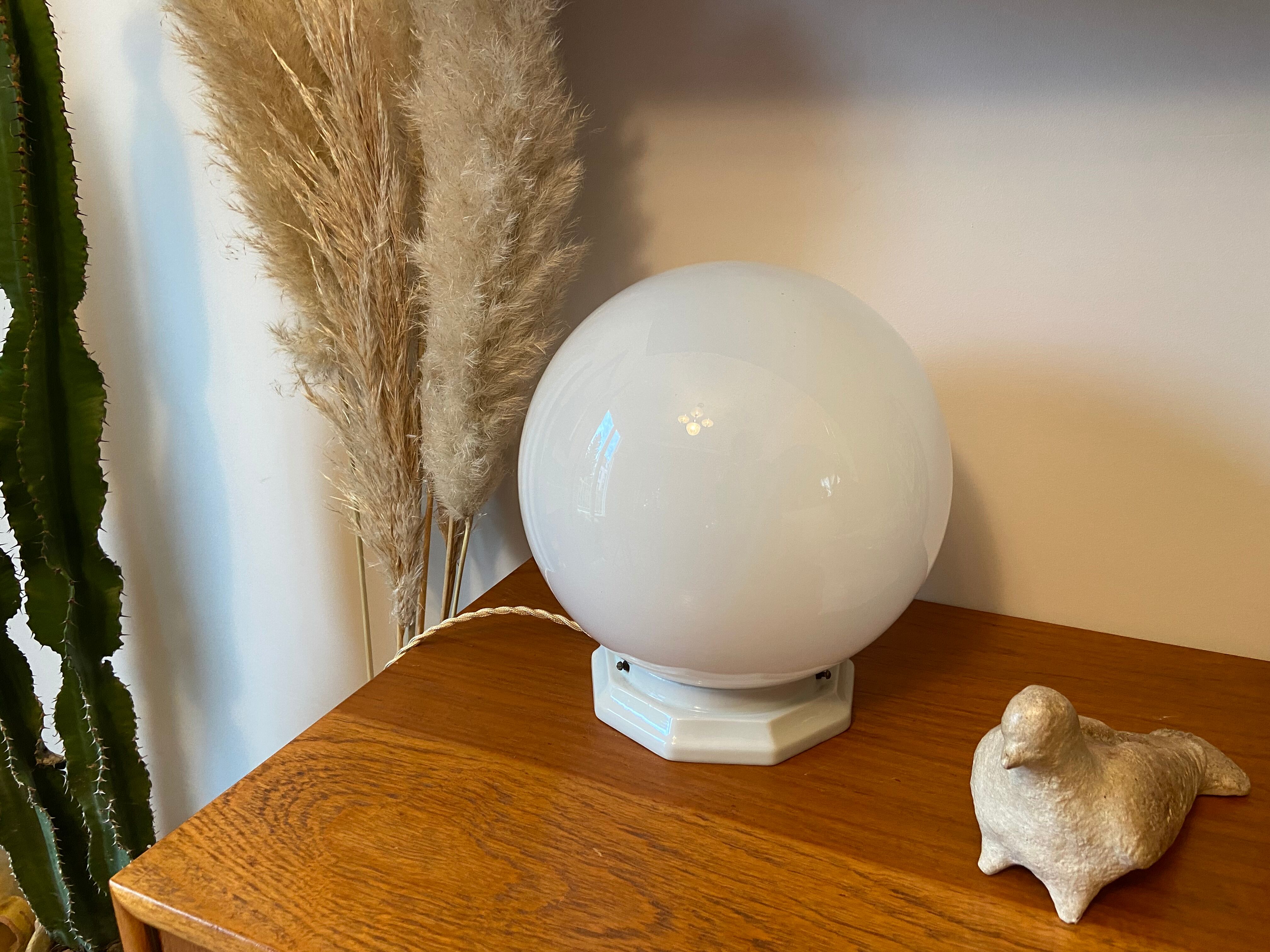 Vintage table lamp opaline ball and earthenware base