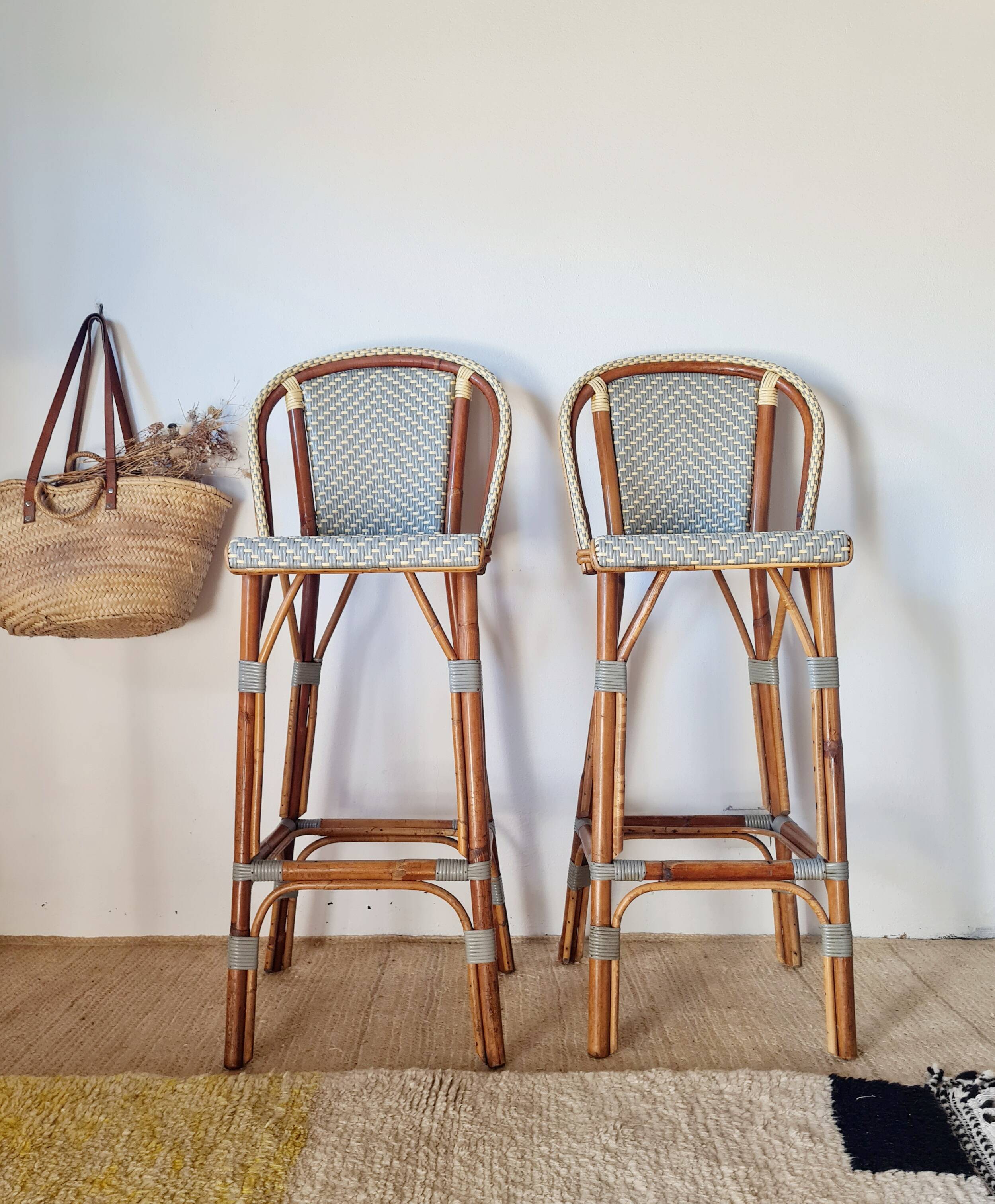 Vintage Gaty bar stools in two-tone rattan and cane.
