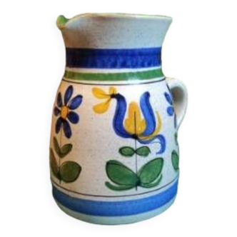 Hand Painted Stoneware Pitcher With Floral Patterns