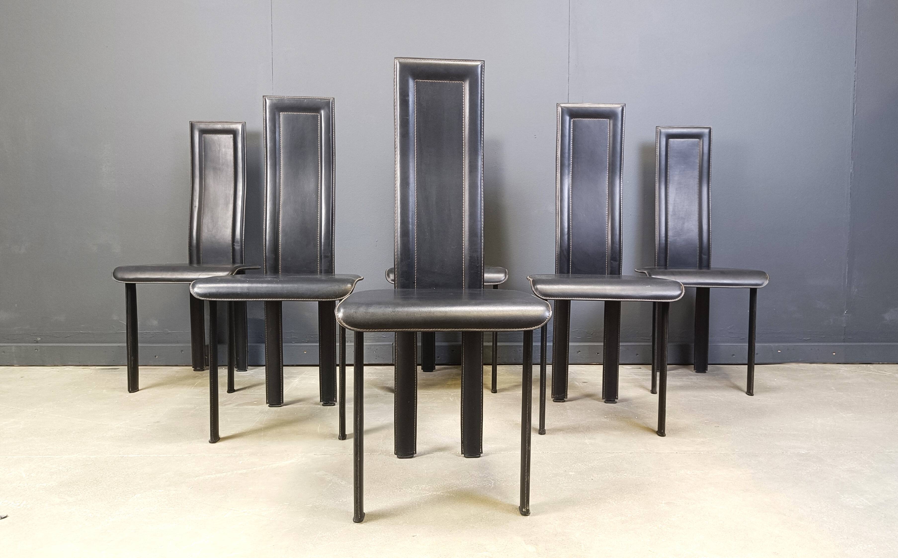 Set of 6 post modern black leather dining chairs, 1980s