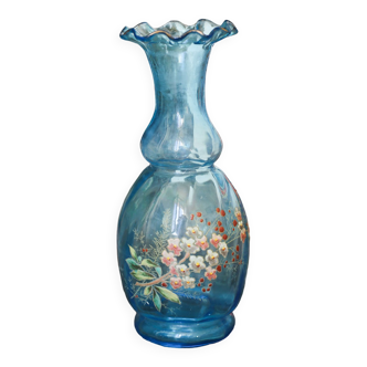 Legras polylobed carafe in blue enameled glass decorated with flowers