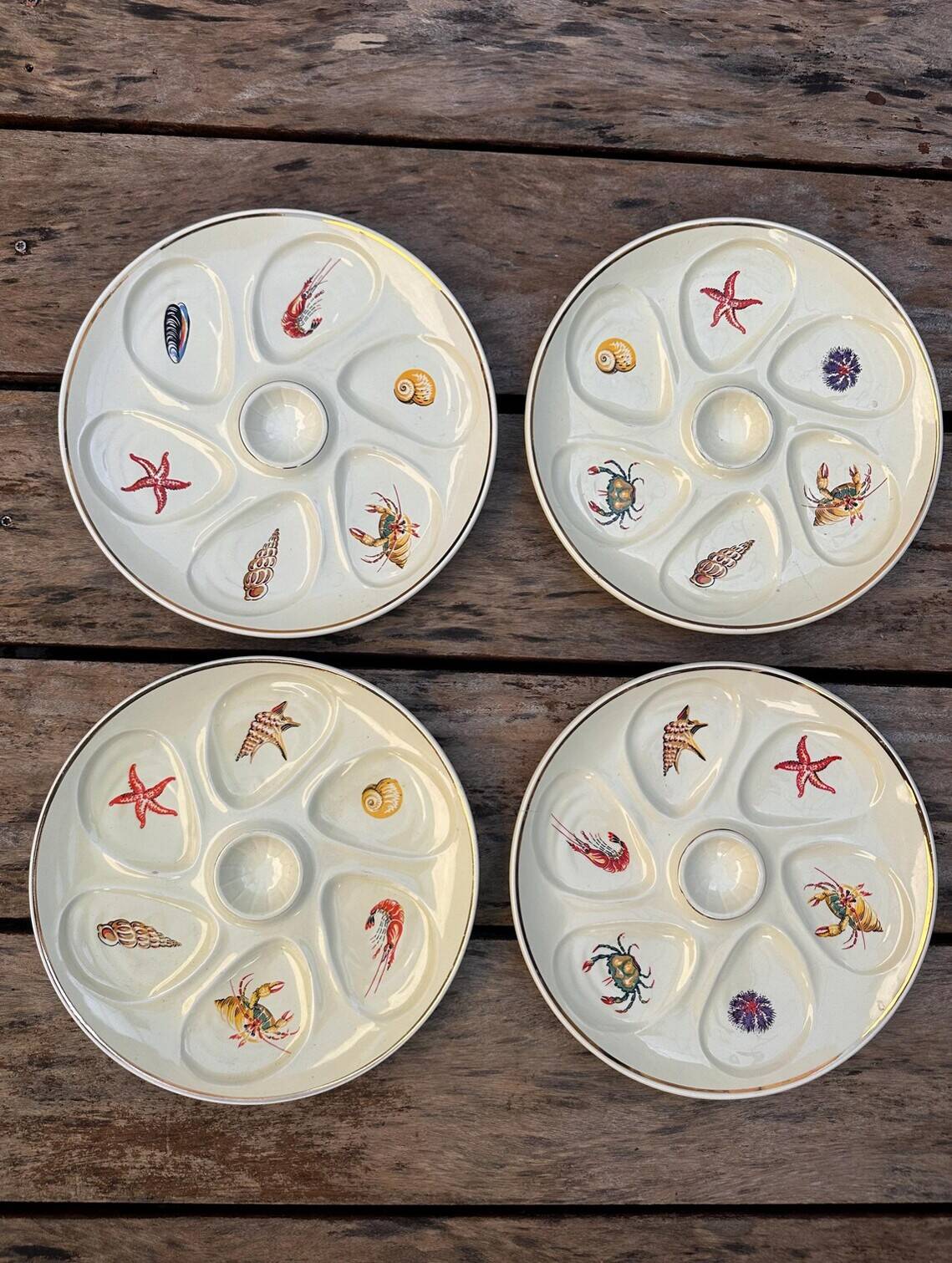 Vintage cream oyster plates Salins France seafood marine decor