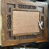 Oriental mirror in carved and turned wood inlaid with mother-of-pearl H 44/L 38 cm