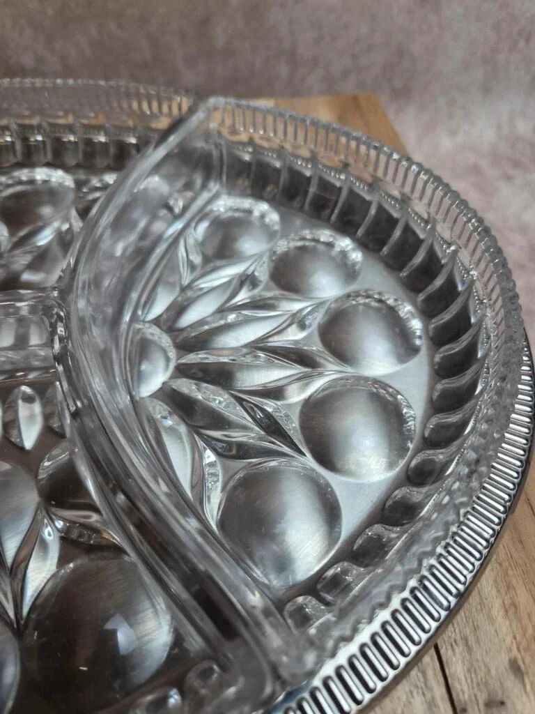 Vintage silver-plated metal tray with a segmented glass aperitif dish.