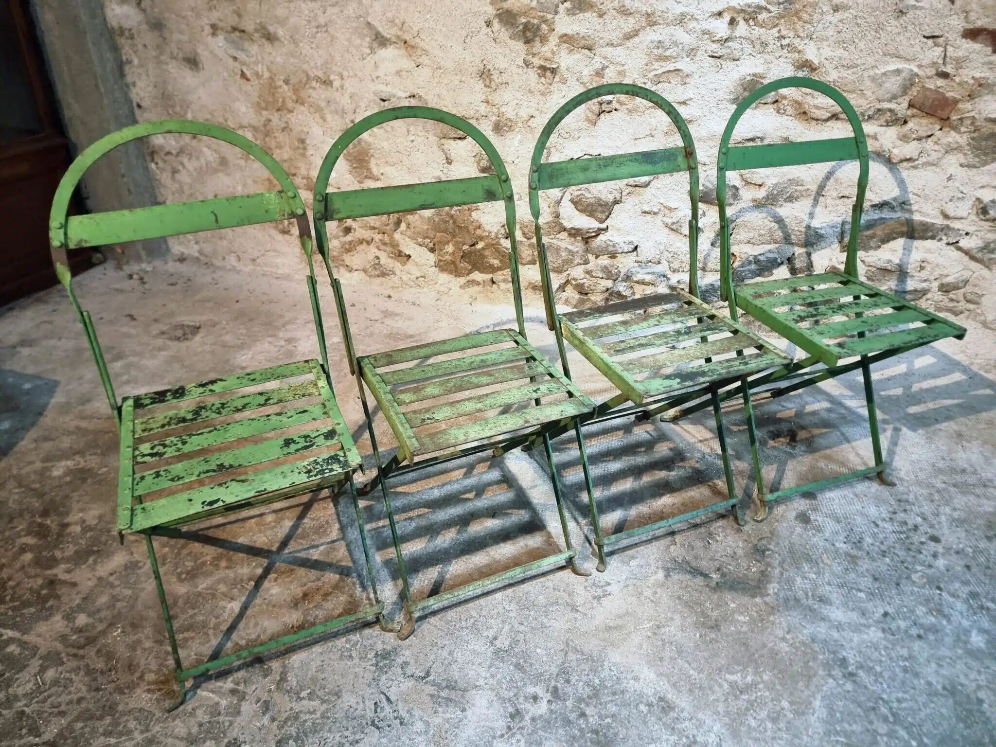 Set of 4 Antique Iron Folding Garden Chairs - 1920s Riveted Bistro Chairs with Aged Green Patina