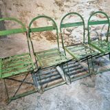 Set of 4 Antique Iron Folding Garden Chairs - 1920s Riveted Bistro Chairs with Aged Green Patina