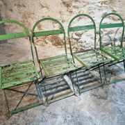 Set of 4 Antique Iron Folding Garden Chairs - 1920s Riveted Bistro Chairs with Aged Green Patina