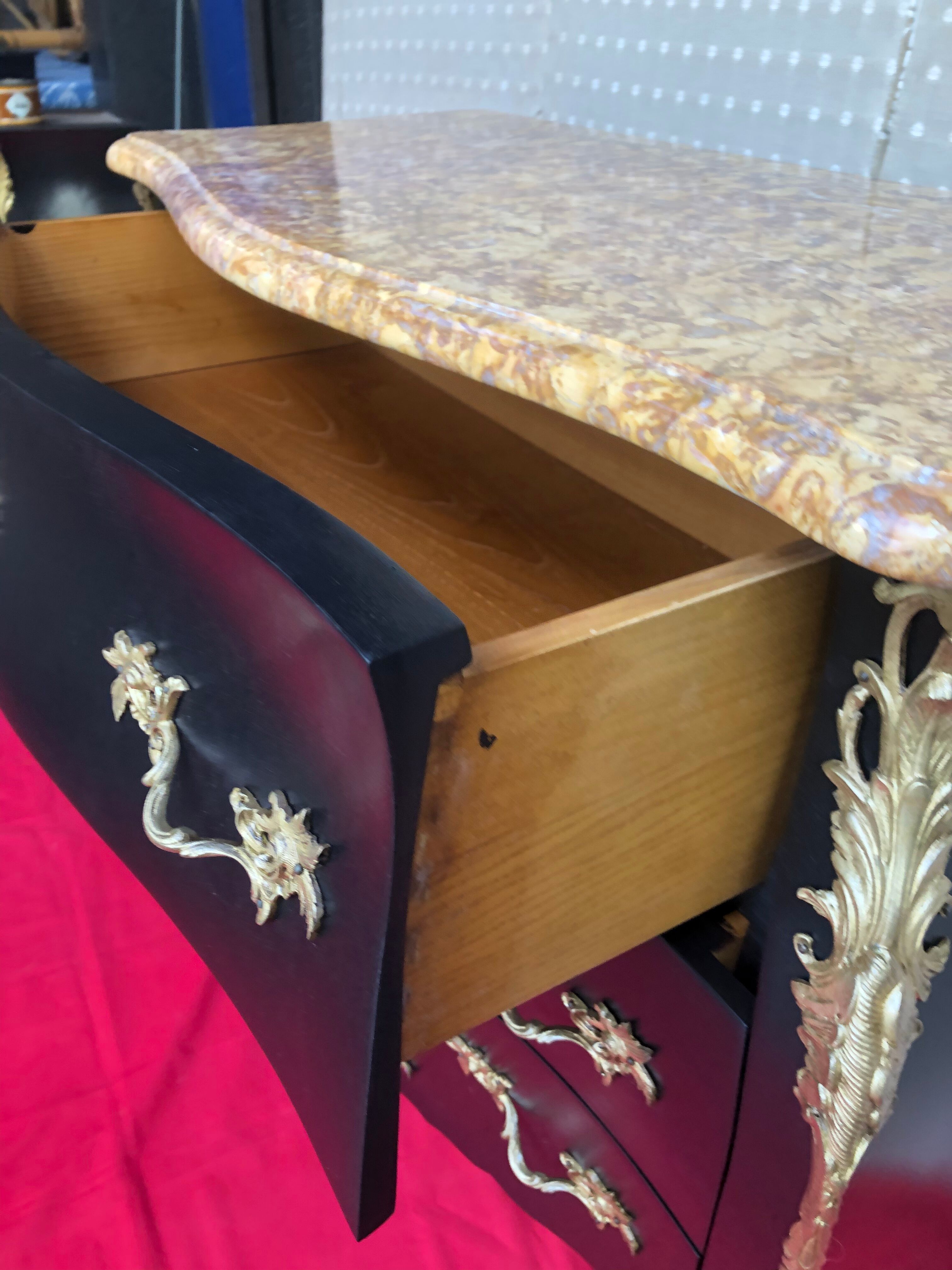 Curved dresser 3 drawers black patina Louis XV style