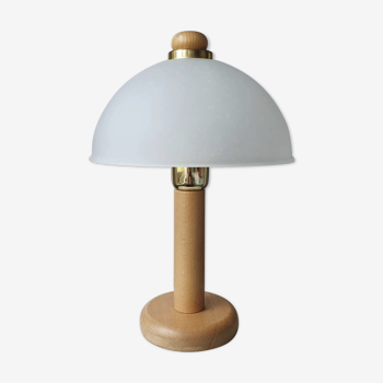 Lampe de table vintage en bois avec abat-jour en verre, années 80