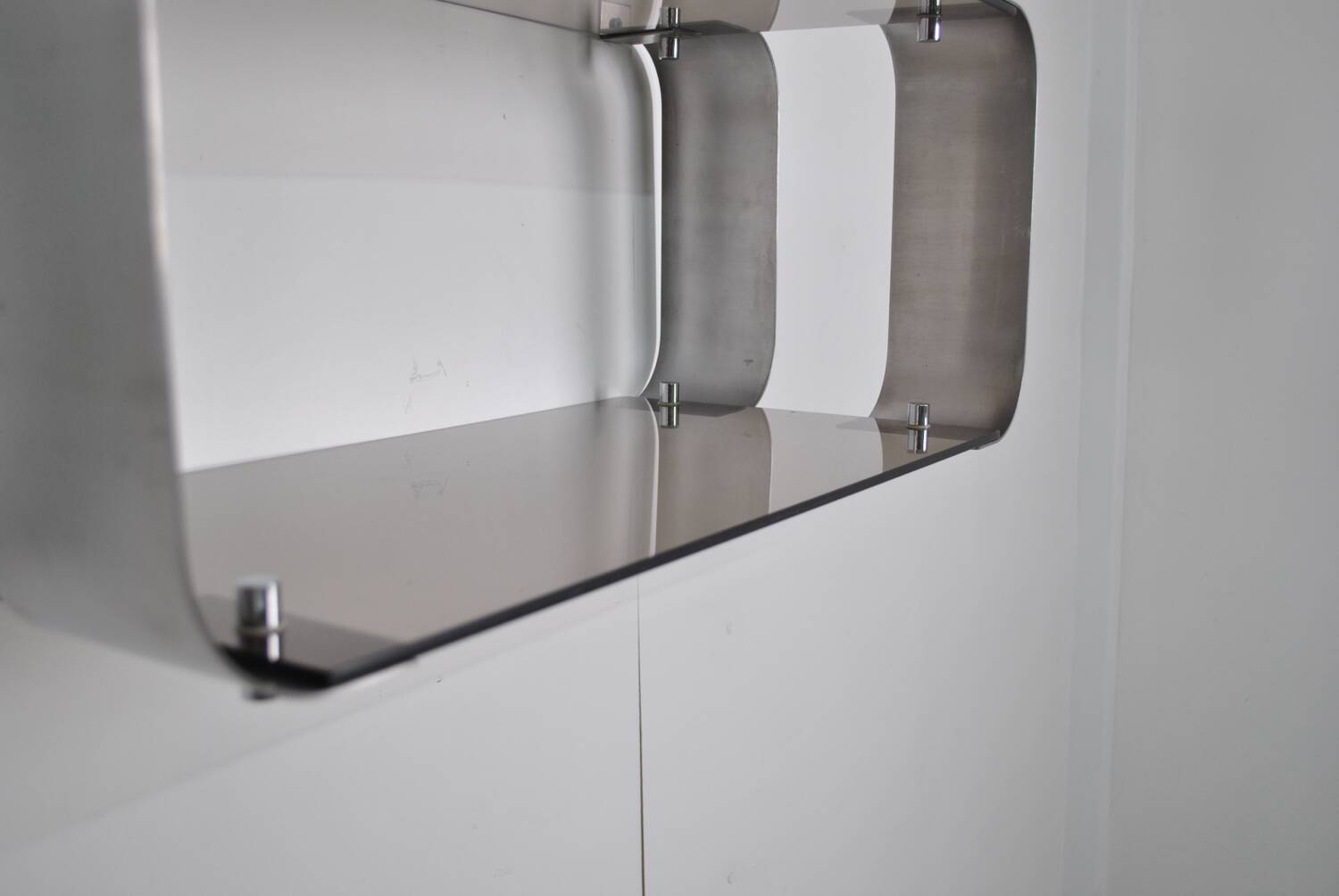 Brushed steel and smoked glass shelf, Donald Singer, 1970