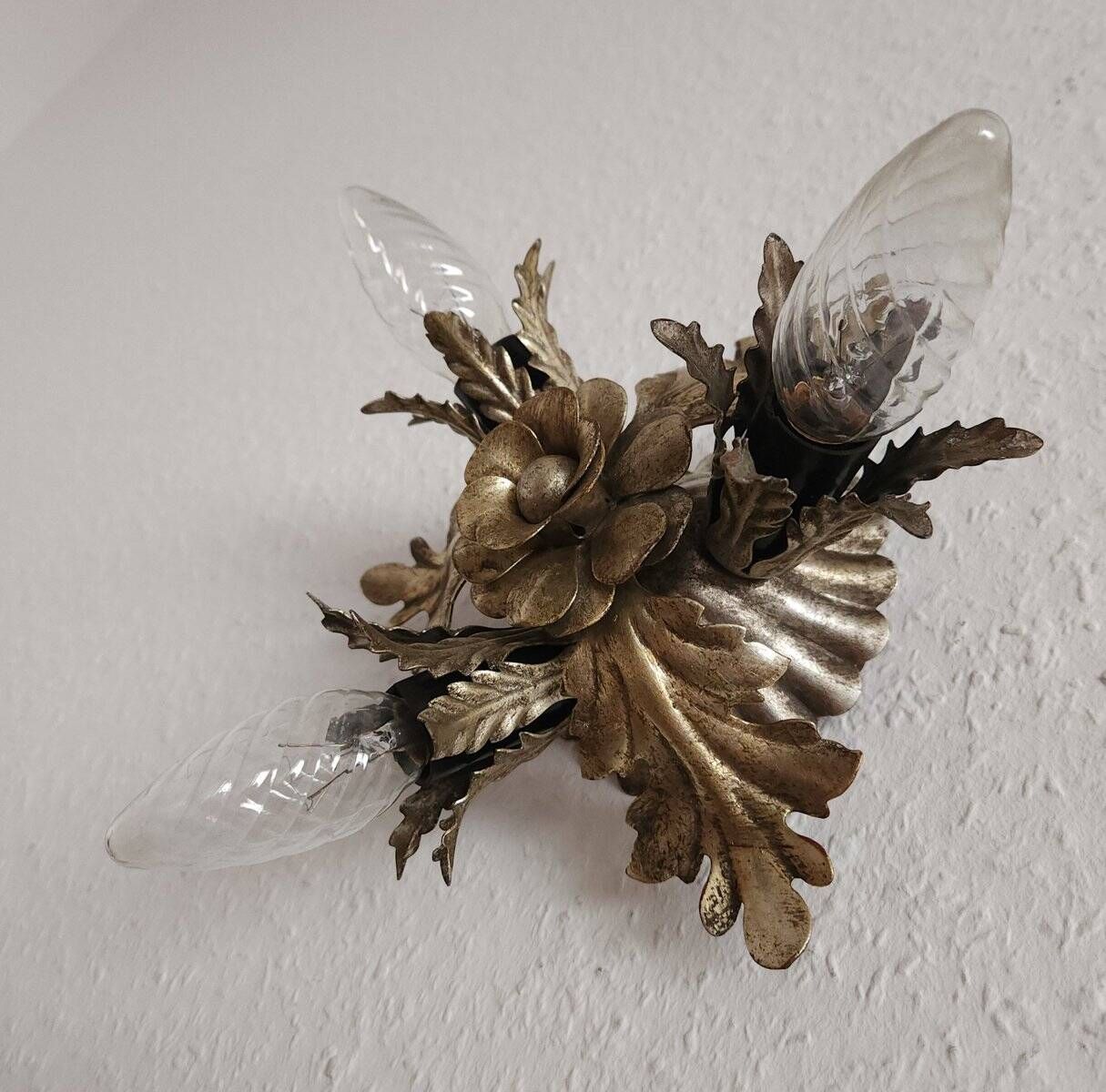 Vintage Florentine floral hand-forged silver-plated 3-light flush mount from Banci Firenze, Italy, Florence 1960s, set of 5