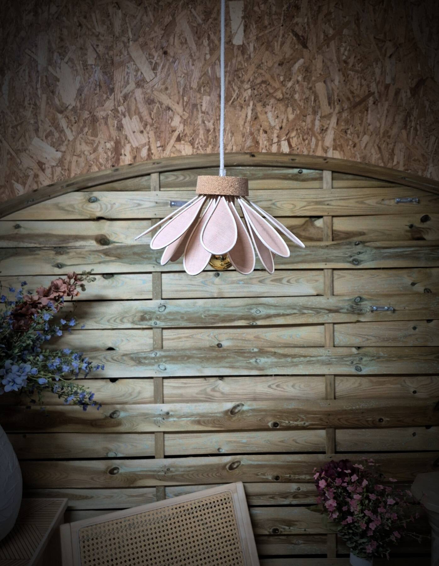 Iris flower pendant, 16 petals in rattan and old rose linen.