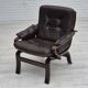 Chaise longue scandinave des années 1970 en état d'origine, cuir marron, bois courbé foncé.