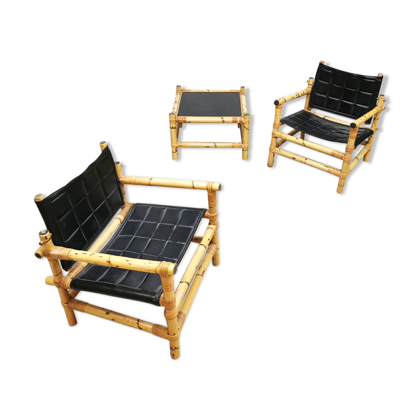 Set of 3 Midcentury Swedish design bamboo safari armchairs and ottoman