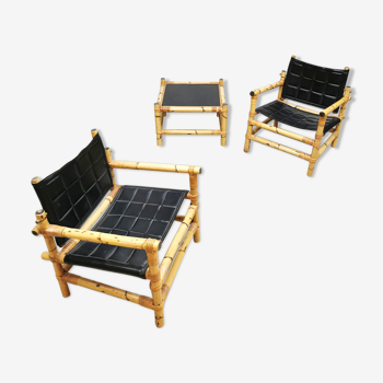 Set of 3 Midcentury Swedish design bamboo safari armchairs and ottoman