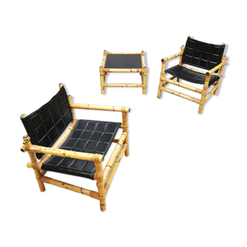 Set of 3 Midcentury Swedish design bamboo safari armchairs and ottoman