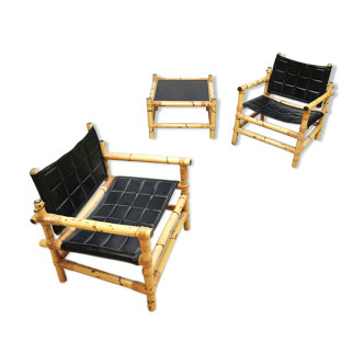 Set of 3 Midcentury Swedish design bamboo safari armchairs and ottoman