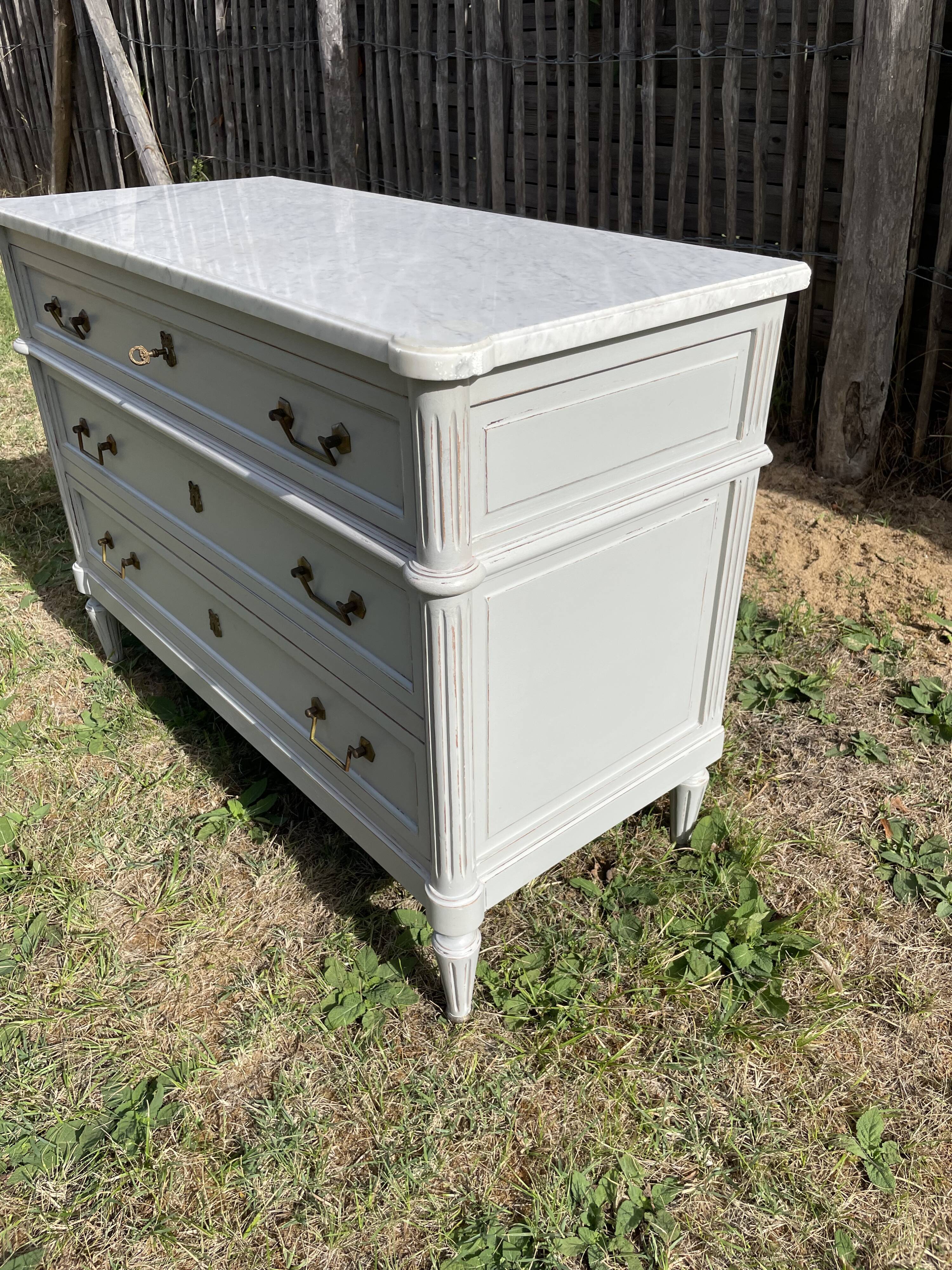 Louis XVI style chest of drawers in versailles grey patinated mahogany with white marble