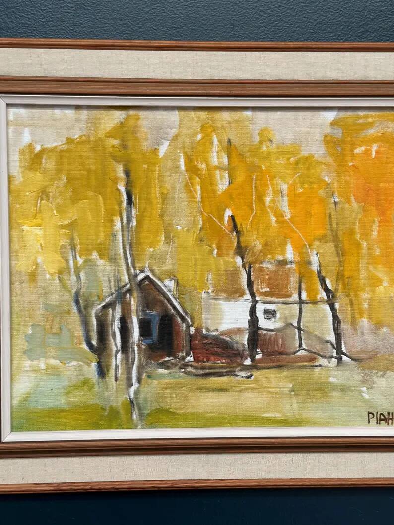 Original Swedish Oil on Canvas – "Houses and Trees in Autumn" by Pia H. Campbell