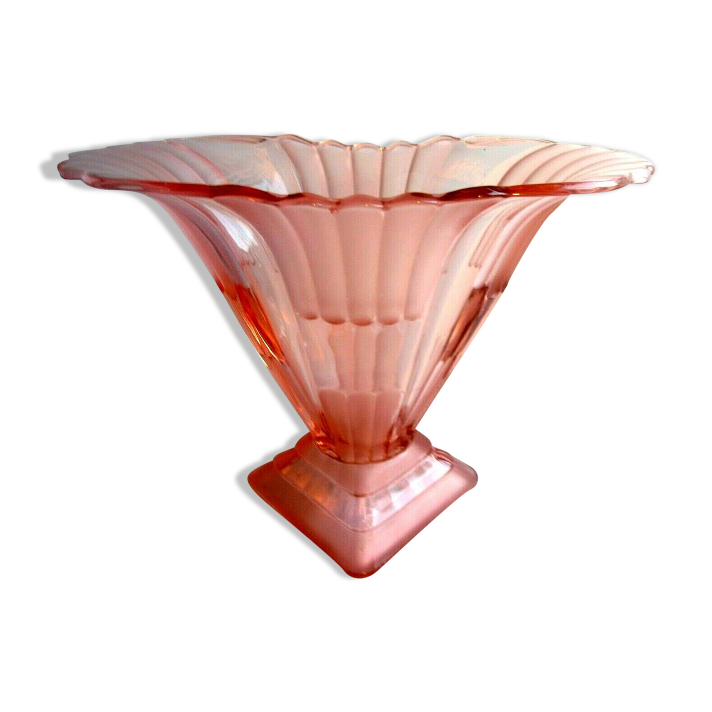 Large fan vase, glass, bright pink and frosted, Art Deco